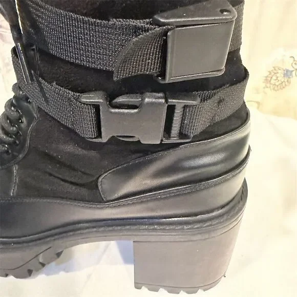 French connection  Women's Black Chunky Platform Boots Size 9 Lace & Buckle - Picture 9 of 12